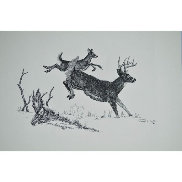 1982 Joseph A. Kuefler Buck Doe Running Print 14 x 11" - Picture 3 of 3